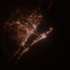 Atlantic City (New Jersey, USA) street lights map. Satellite view on modern city at night. Imitation of aerial view on roads network. 3d render