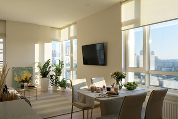 sunny modern apartment, modern living room with light walls, breakfast in the apartment