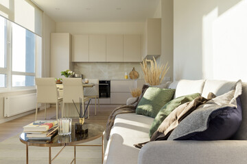 modern living room with open plan, kitchen with a dining table in the living room