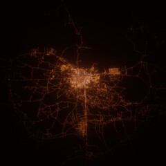 Herat (Afghanistan) street lights map. Satellite view on modern city at night. Imitation of aerial view on roads network. 3d render