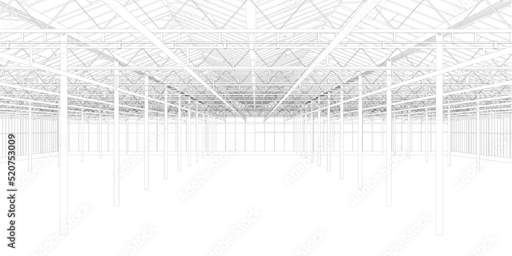Poster outline of a large empty hangar from black lines isolated on a white background. vector illustration