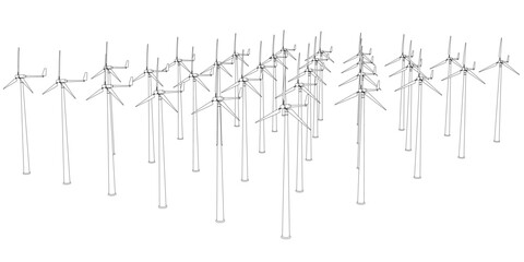 Outline of many wind towers generating electricity from black lines isolated on a white background. Perspective view. Vector illustration.
