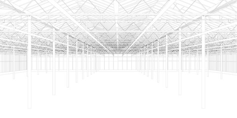 Outline of a large empty hangar from black lines isolated on a white background. Vector illustration.