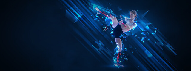 Creative collage with teen-girl, MMA fighter in action, motion isolated on dark background with...