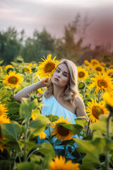 blonde girl stands in a field with sunflowers