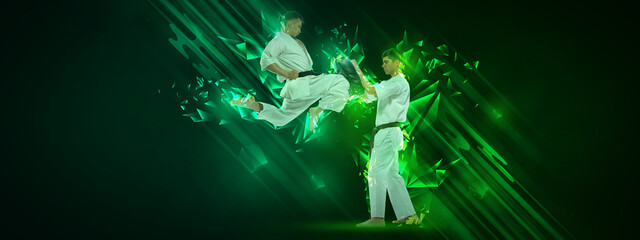 Flyer with fight of two karatedo fighters in kimono training over dark background with neon elements. Concept of combat sport, challenges, skills