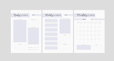 Set of minimalist planners. Daily, weekly, monthly planner template. Simple printable to do list. Business organizer page. Paper sheet. Realistic vector illustration. A4 and US Letter Ai, RGB/CMYK