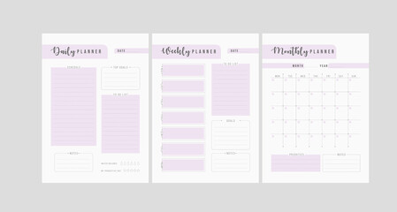 Set of minimalist planners. Daily, weekly, monthly planner template. Simple printable to do list. Business organizer page. Paper sheet. Realistic vector illustration. A4 and US Letter Ai, RGB/CMYK