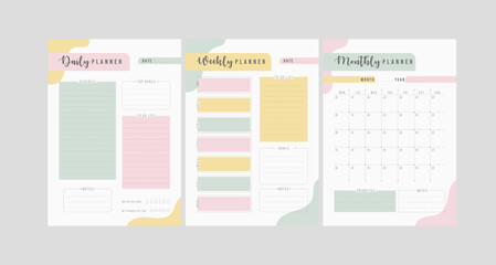 Set of minimalist planners. Daily, weekly, monthly planner template. Simple printable to do list. Business organizer page. Paper sheet. Realistic vector illustration. A4 and US Letter Ai, RGB/CMYK