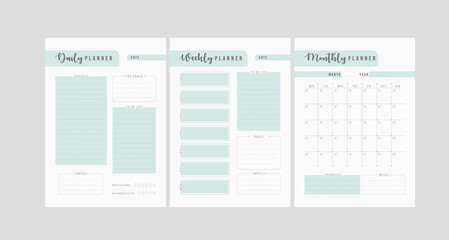 Set of minimalist planners. Daily, weekly, monthly planner template. Simple printable to do list. Business organizer page. Paper sheet. Realistic vector illustration. A4 and US Letter Ai, RGB/CMYK
