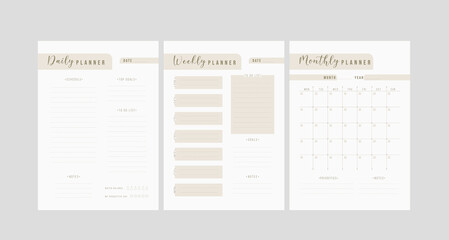 Set of minimalist planners. Daily, weekly, monthly planner template. Simple printable to do list. Business organizer page. Paper sheet. Realistic vector illustration. A4 and US Letter Ai, RGB/CMYK