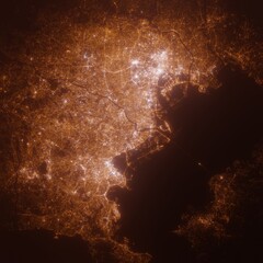 Kawasaki (Japan) street lights map. Satellite view on modern city at night. Imitation of aerial view on roads network. 3d render