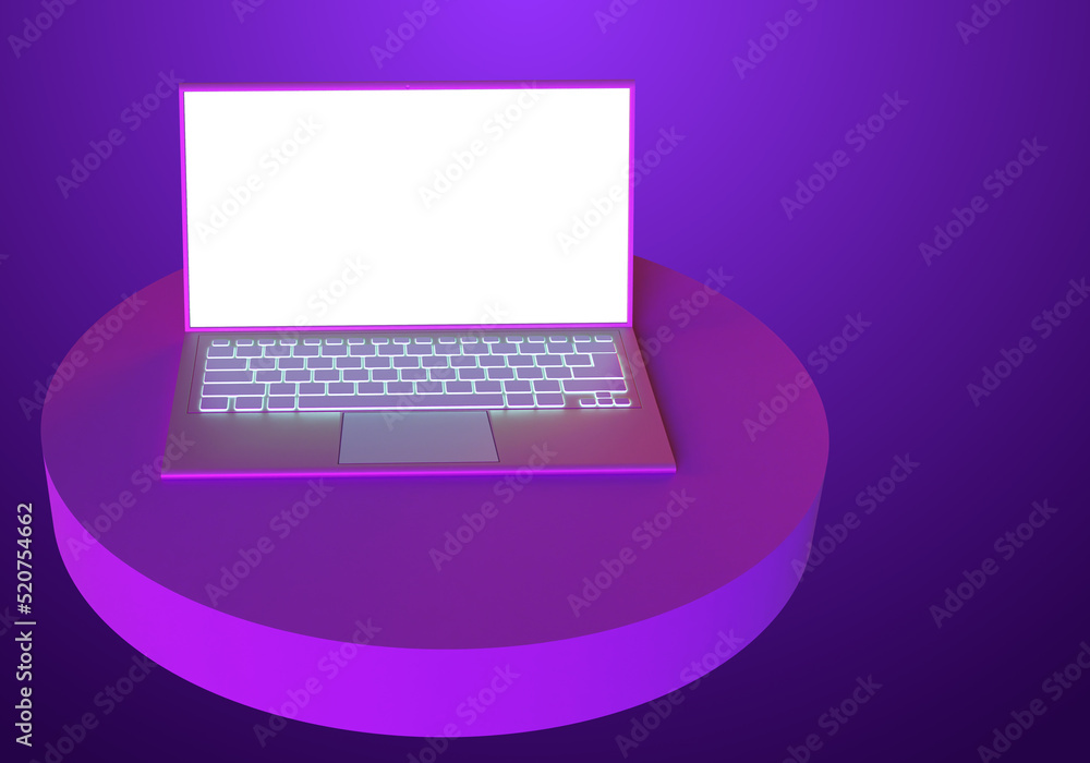 Poster laptop white screen. mockup computer. visualization of laptop on purple. laptop for software demonst