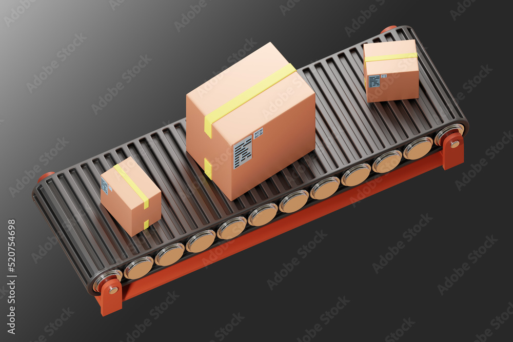 Poster warehouse conveyor. conveyor with boxes top view. warehouse automation concept. automation processes
