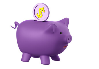 Obraz premium Piggy bank with coin. Purple piggy bank for storing money. Concept financial savings. Accumulating wealth with piggy bank. Metaphor deposit or banking. Money box isolated on white. 3d rendering.