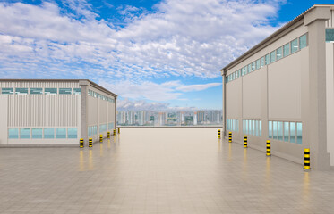 Warehouse buildings. Two hangars near city. Exterior of low-rise hangars. Minimalistic buildings in Industrial zone. Blue sky over warehouses. Warehouse business. Storage hangars. 3d image.