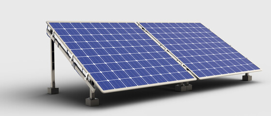 Solar panel on metal supports. Eco friendly source electricity. Solar panel at angle. Renewable energy supply. Solar resources energy panel on white. Eco-friendly Renewable electricity. 3d image - obrazy, fototapety, plakaty