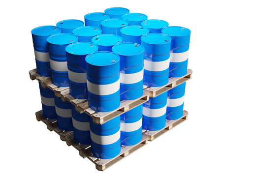 Barrels for chemistry. Pallets with drums for toxic chemistry industry. Pallets with barrels are stacked on top of each other. Metal containers for chemistry liquid. Blue plastic casks. 3d rendering.