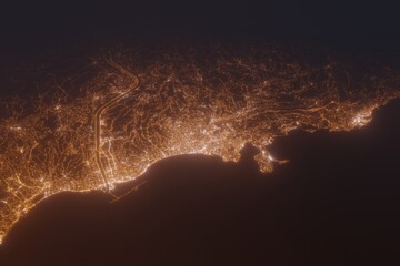 Aerial shot of Nice (France) at night, view from south. Imitation of satellite view on modern city...