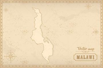 Map of Malawi in the old style, brown graphics in retro fantasy style