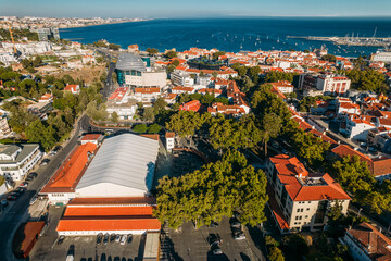 Aerial view of Cascais Market, also known as Mercado da Vila in Cascais, Portugal with the Bay visible in the background