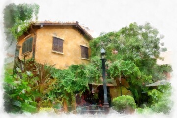 Ancient italian village architecture building watercolor style illustration impressionist painting.