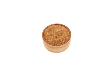 Dry active baking yeast. Dried Yeast Granules in wooden bowl on white background.  Design element, copy space