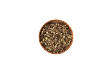 Stonebreaker tea or Chanca Piedra tea in wooden bowl on white background, top view. Stonebreaker is...