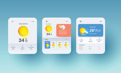 Weather app UI, UX screens for smart watches. Flat design illustrations.