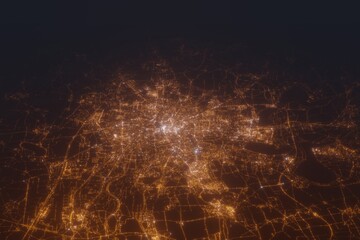 Aerial shot on Leipzig (Germany) at night, view from west. Imitation of satellite view on modern city with street lights and glow effect. 3d render