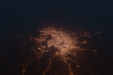 Aerial shot of Jaipur (India) at night, view from north. Imitation of satellite view on modern city with street lights and glow effect. 3d render