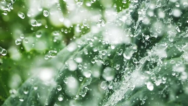 raindrops in super slow motion. beautiful nature video. close-up of rainfall in jungle, water droplets falling on green leaves, raining day in tropical forest. rain drops on tree leaves