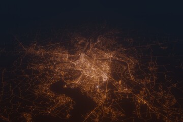 Aerial shot on Kaunas (Lithuania) at night, view from east. Imitation of satellite view on modern city with street lights and glow effect. 3d render