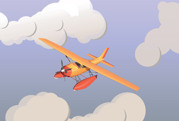 The plane on air floats flies between the clouds. Vector.