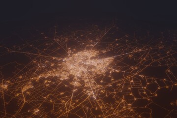 Aerial shot of Faisalabad (Pakistan) at night, view from north. Imitation of satellite view on modern city with street lights and glow effect. 3d render