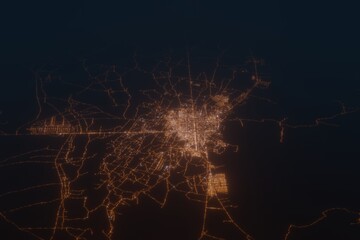 Aerial shot on Herat (Afghanistan) at night, view from east. Imitation of satellite view on modern city with street lights and glow effect. 3d render