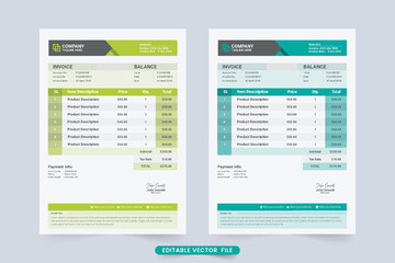 Payment receipt template design with yellow-green and cyan color. Creative invoice template vector for product and payment info. Cash receipt decoration and business stationery design.