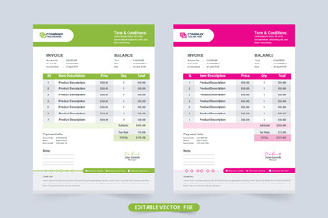 Price receipt and payment agreement invoice template for business. Customer cash receipt design with magenta pink and green colors. Creative invoice template vector for purchasing information.