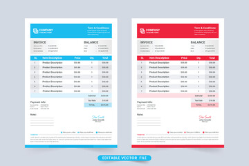 Obraz premium Payment agreement and invoice template vector with cyan and red color. Product buy and sell billing invoice design with payment information. Minimal invoice template with price receipt vector.
