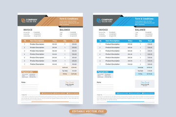 Minimal invoice template design for business billing method. Product price receipt and payment agreement invoice vector. Business invoice design with orange shade and blue colors. Cash receipt invoice