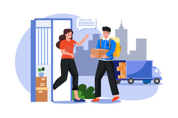 Delivery Man Giving A Delivery Box To Woman Illustration concept