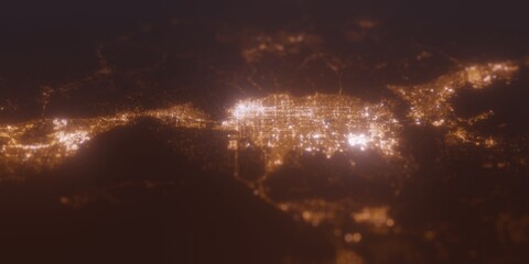 Street lights map of Salt Lake City (Utah, USA) with tilt-shift effect, view from west. Imitation of macro shot with blurred background. 3d render, selective focus