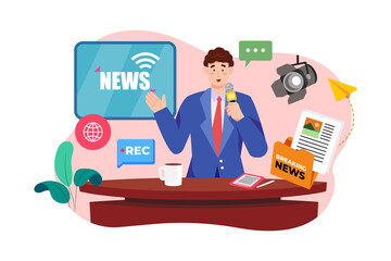 TV news anchorman in studio Illustration concept on white background