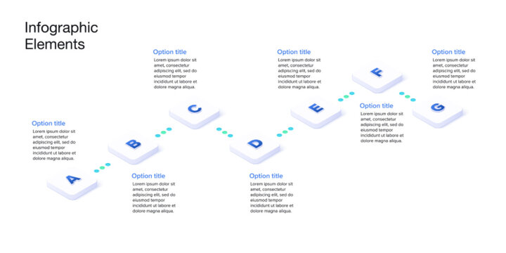 Business process chart infographics with 7 step cubes. Cubic corporate workflow graphic elements. Company flowchart presentation slide. Vector info graphic in isometric design.