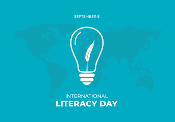 International literacy day banner poster with big lamp and world map on blue color background.