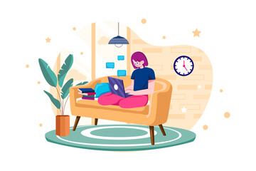 Fototapeta premium Woman Employee working from home while seating on the couch