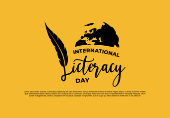 International literacy day banner poster with feather and world map on yellow color background.