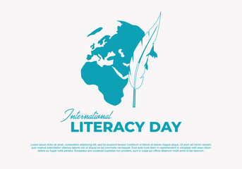 International literacy day banner poster with world map and feather on white color background.