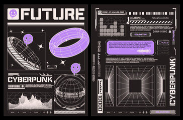 Collection of modern abstract posters. In acid style rave, mesh, text design, planet earth. Retro futuristic design elements, perspective grid, tunnel,circle. Illustration isolated on black background
