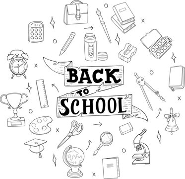 Hand drawn text back to school and school supplies objects set. Vector illustration, doodle style.